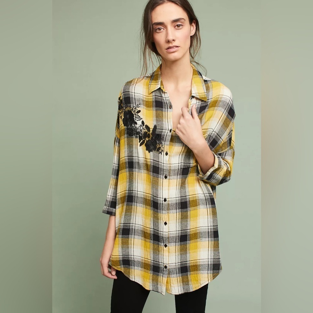 Anthropologie Maeve Embroidered Plaid Buttondown (Size XS/S)